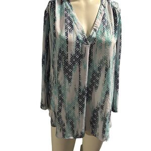 a.n.a Teal & Navy Geometric V-Neck Long Sleeve Blouse